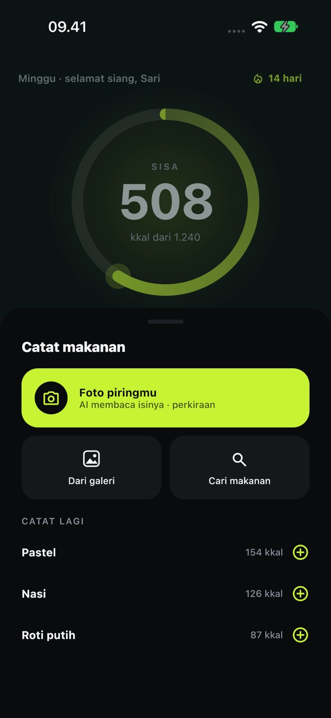Layar Catat makanan: foto piring, dari galeri, atau cari makanan