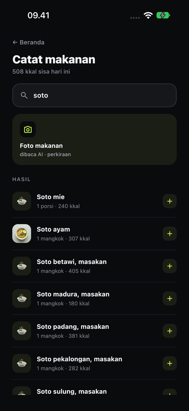 Hasil pencarian soto: soto mie, soto ayam, soto betawi, soto madura dengan kalori per porsi